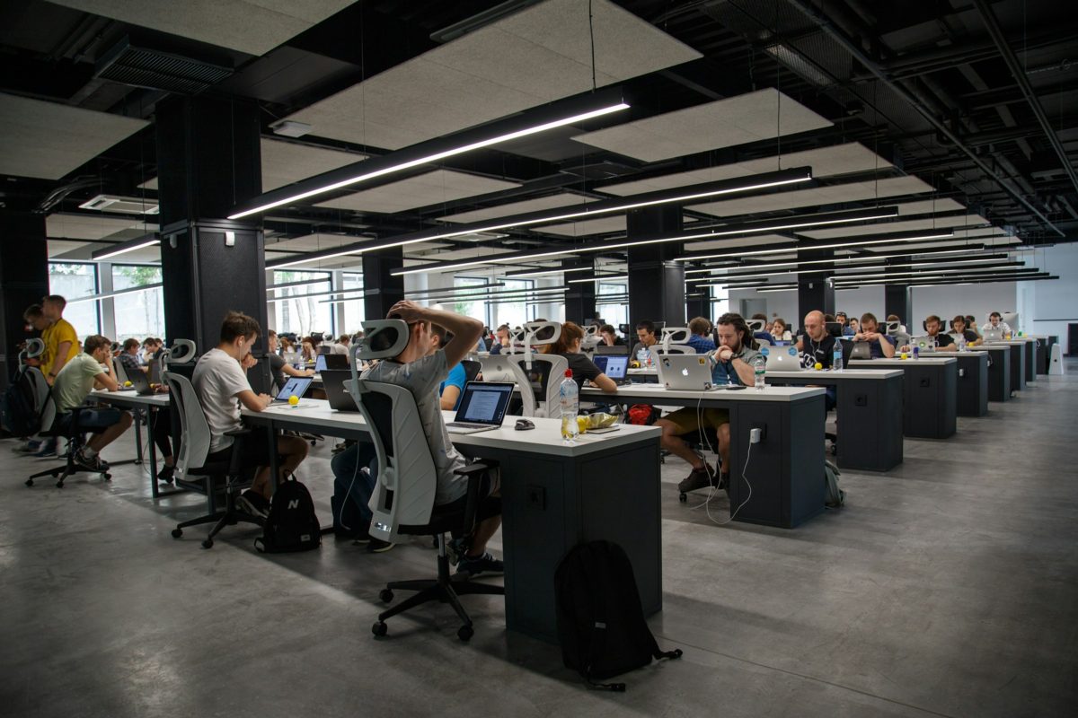A busy open-plan office floor