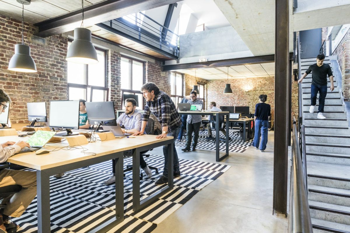 A creative studio office with exposed brick